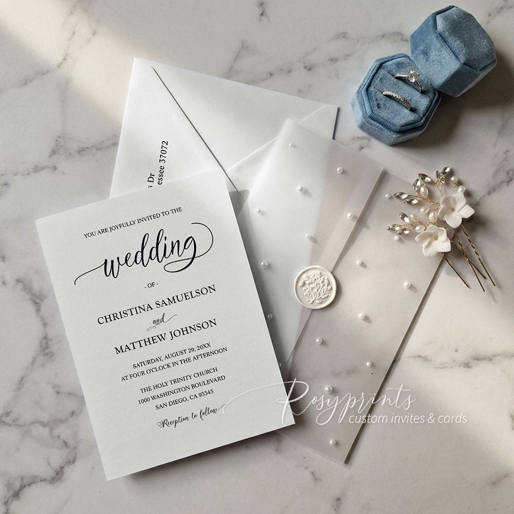 elegant pearls on vellum paper wedding invitations with wax seal