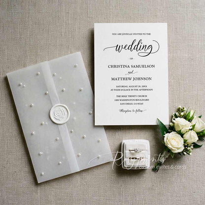 elegant pearls on vellum paper wedding invitations with wax seal