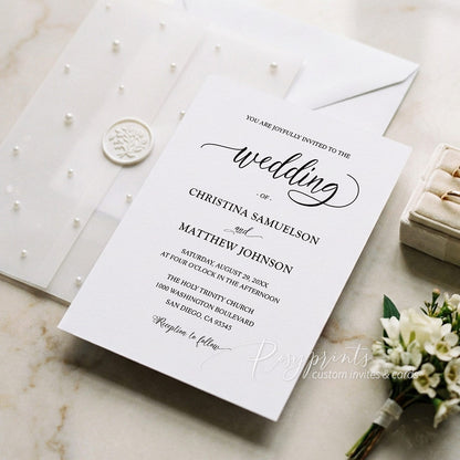 elegant pearls on vellum paper wedding invitations with wax seal