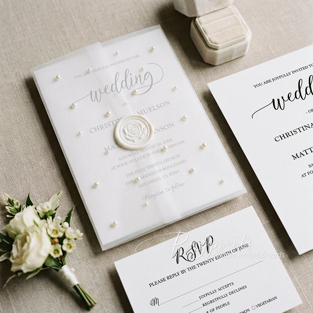 elegant pearls on vellum paper wedding invitations with wax seal