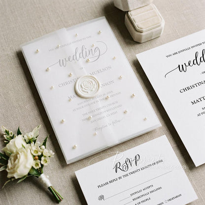 elegant pearls on vellum paper wedding invitations with wax seal