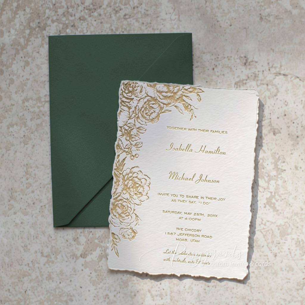 gold peony floral letterpress wedding invitations with deckled edge