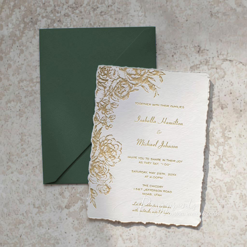 gold peony floral letterpress wedding invitations with deckled edge