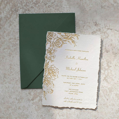 gold peony floral letterpress wedding invitations with deckled edge