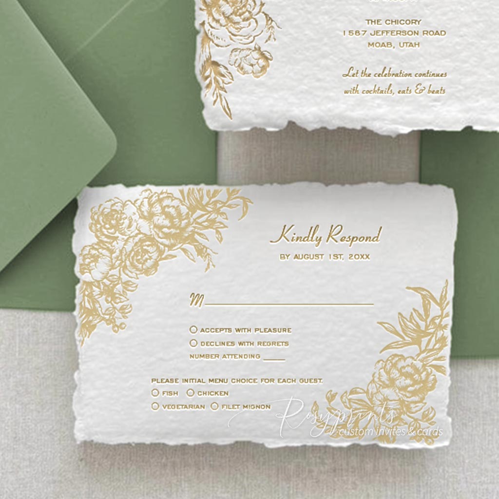 gold peony floral letterpress wedding invitations with deckled edge
