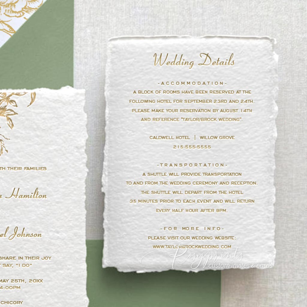 gold peony floral letterpress wedding invitations with deckled edge