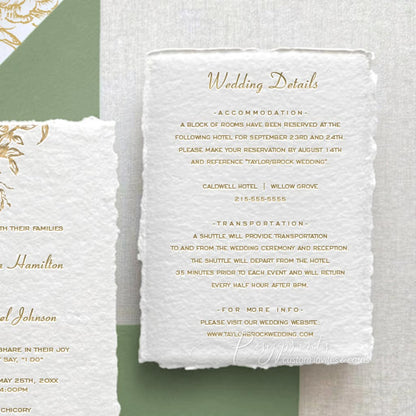gold peony floral letterpress wedding invitations with deckled edge