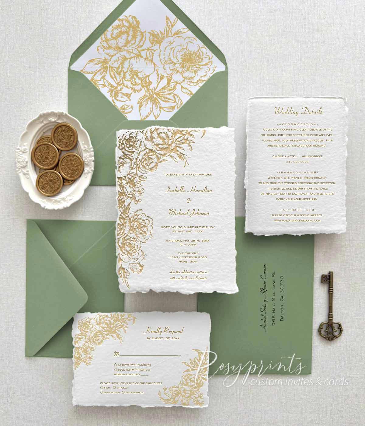 gold peony floral letterpress wedding invitations with deckled edge