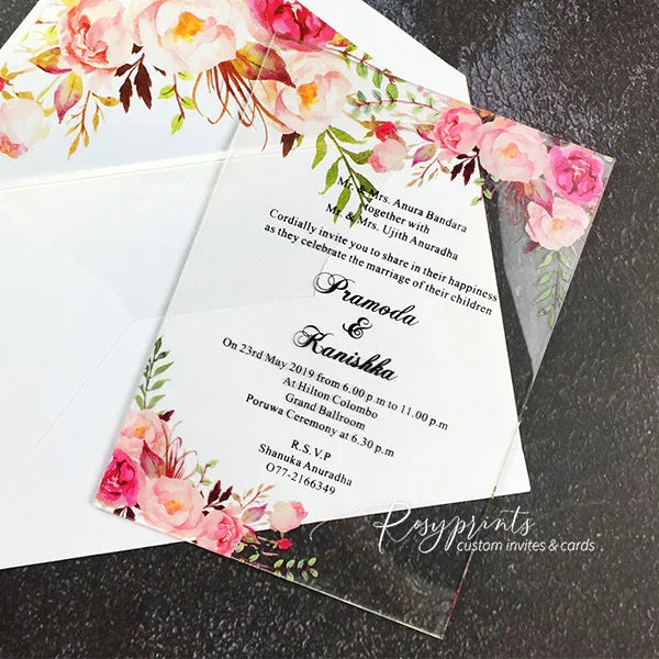 boho pink floral clear acrylic wedding invitations