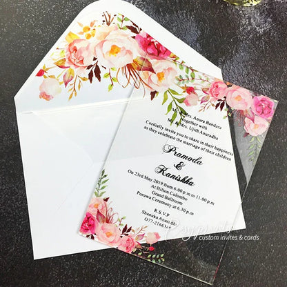 boho pink floral clear acrylic wedding invitations