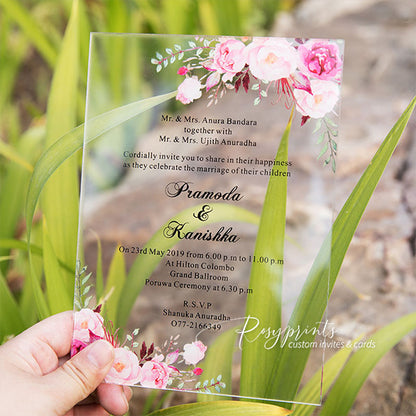 boho fuchsia pink floral clear acrylic wedding invitations