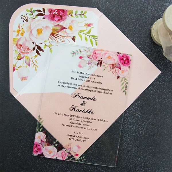 boho pink floral clear acrylic wedding invitations