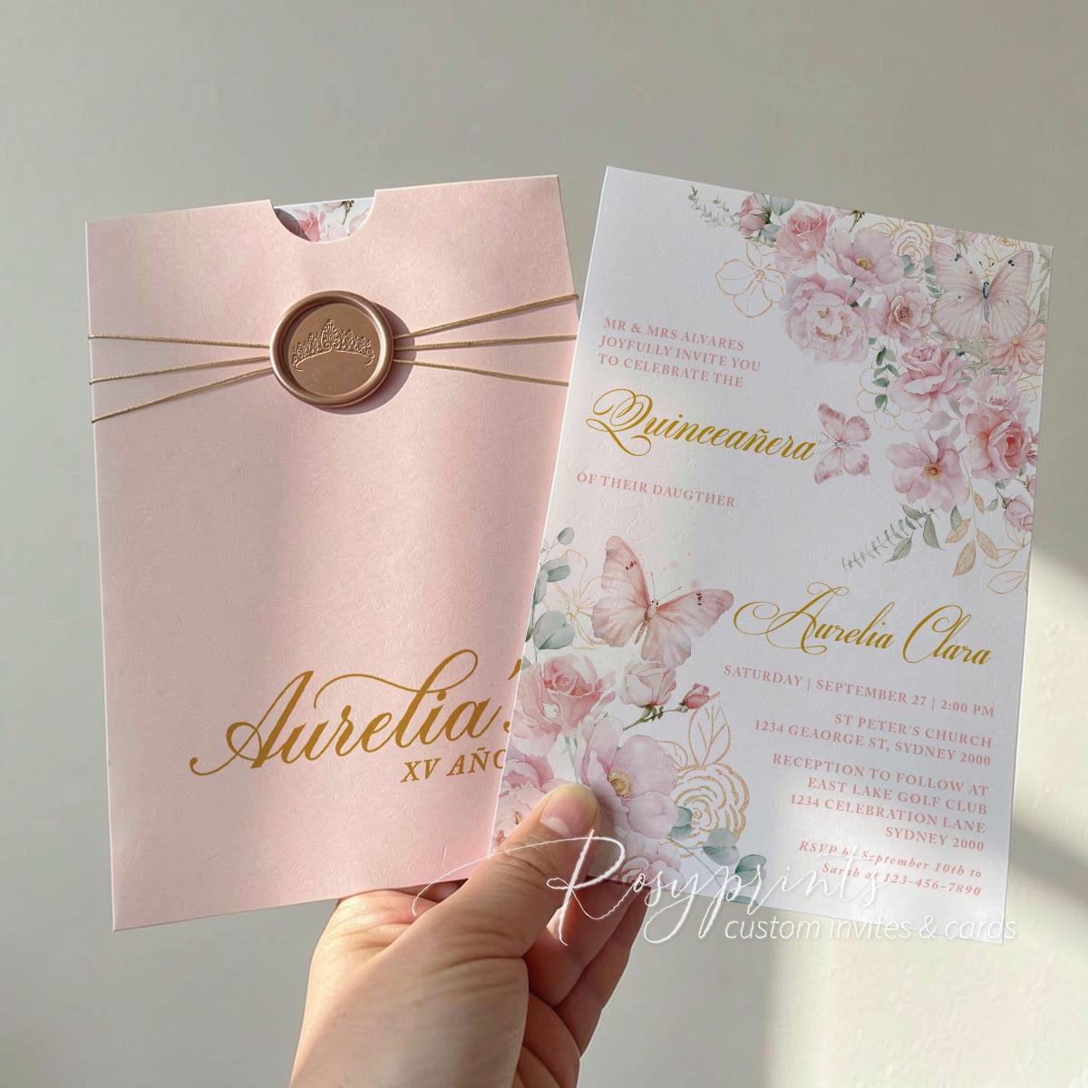 pink and gold foil floral butterfly birthday party invitations