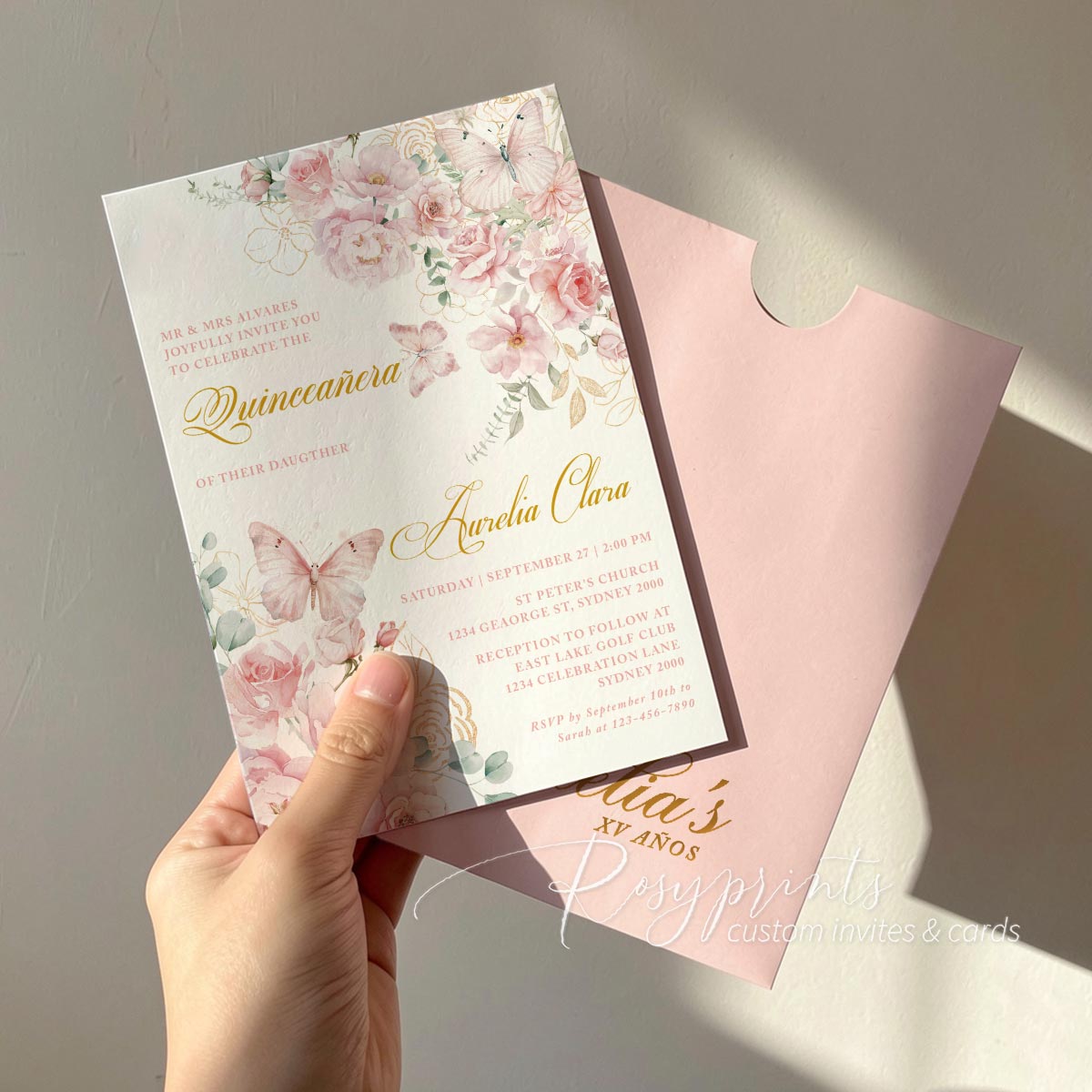 pink and gold floral butterfly birthday party invitations