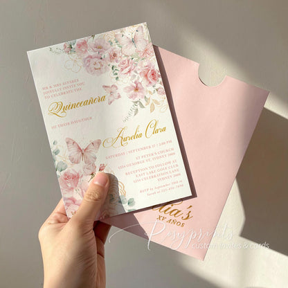 pink and gold floral butterfly birthday party invitations