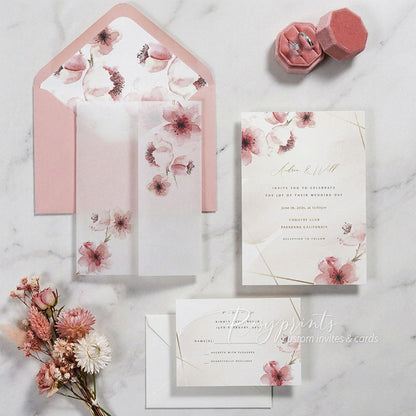 pink cheery blossom flower vellum paper wedding invitations RPV14