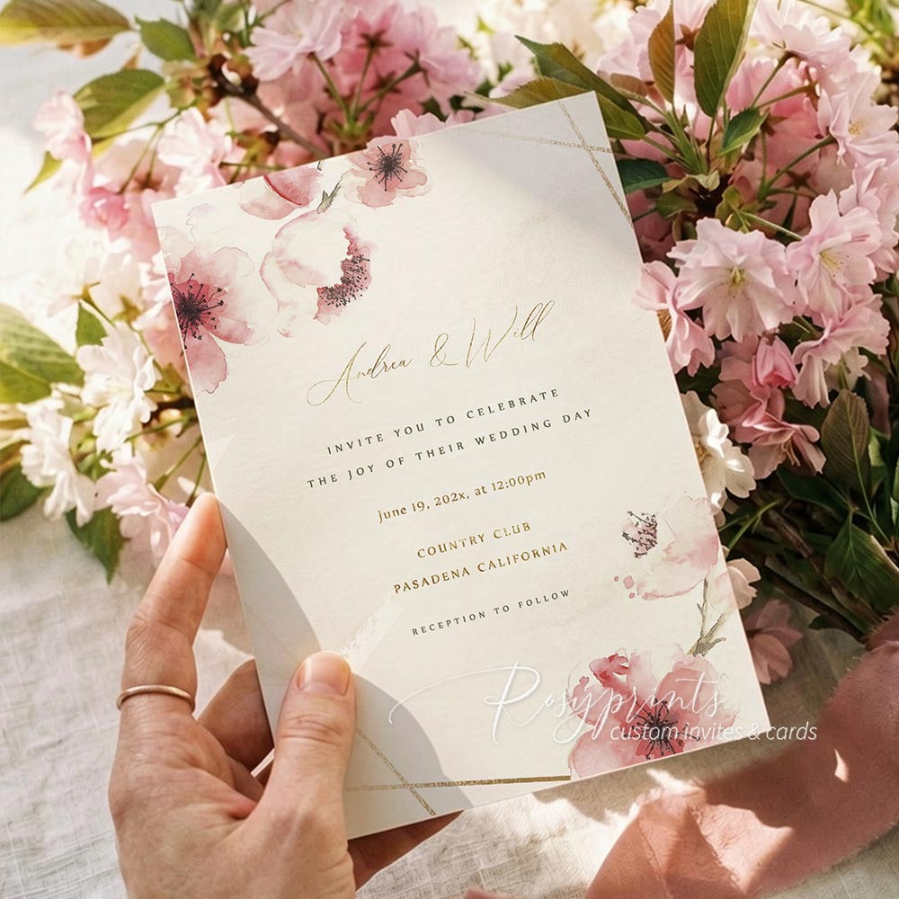 pink cheery blossom flower vellum paper wedding invitations