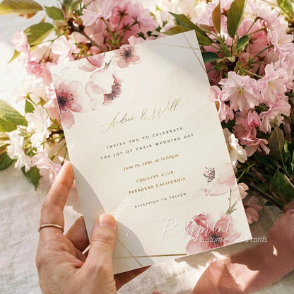 pink cheery blossom flower vellum paper wedding invitations