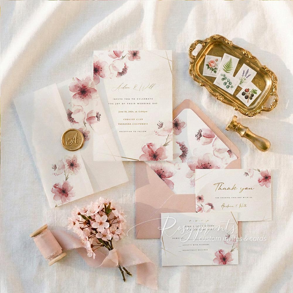 pink cheery blossom flower vellum paper wedding invitations