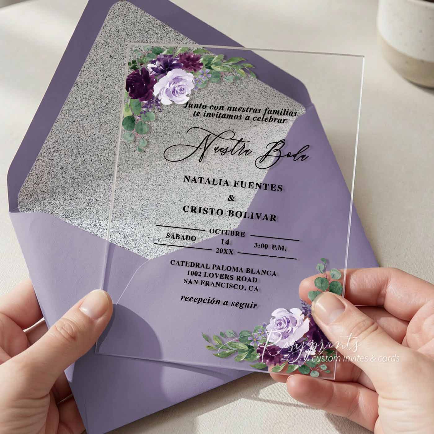 plum purple flowers acrylic wedding invitations