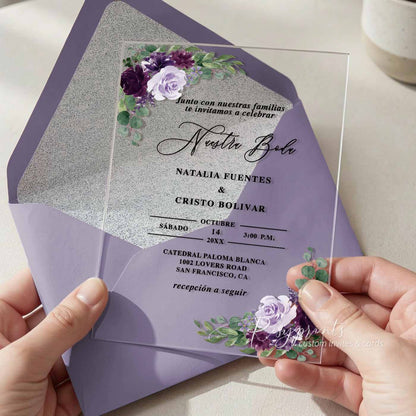 plum purple flowers acrylic wedding invitations