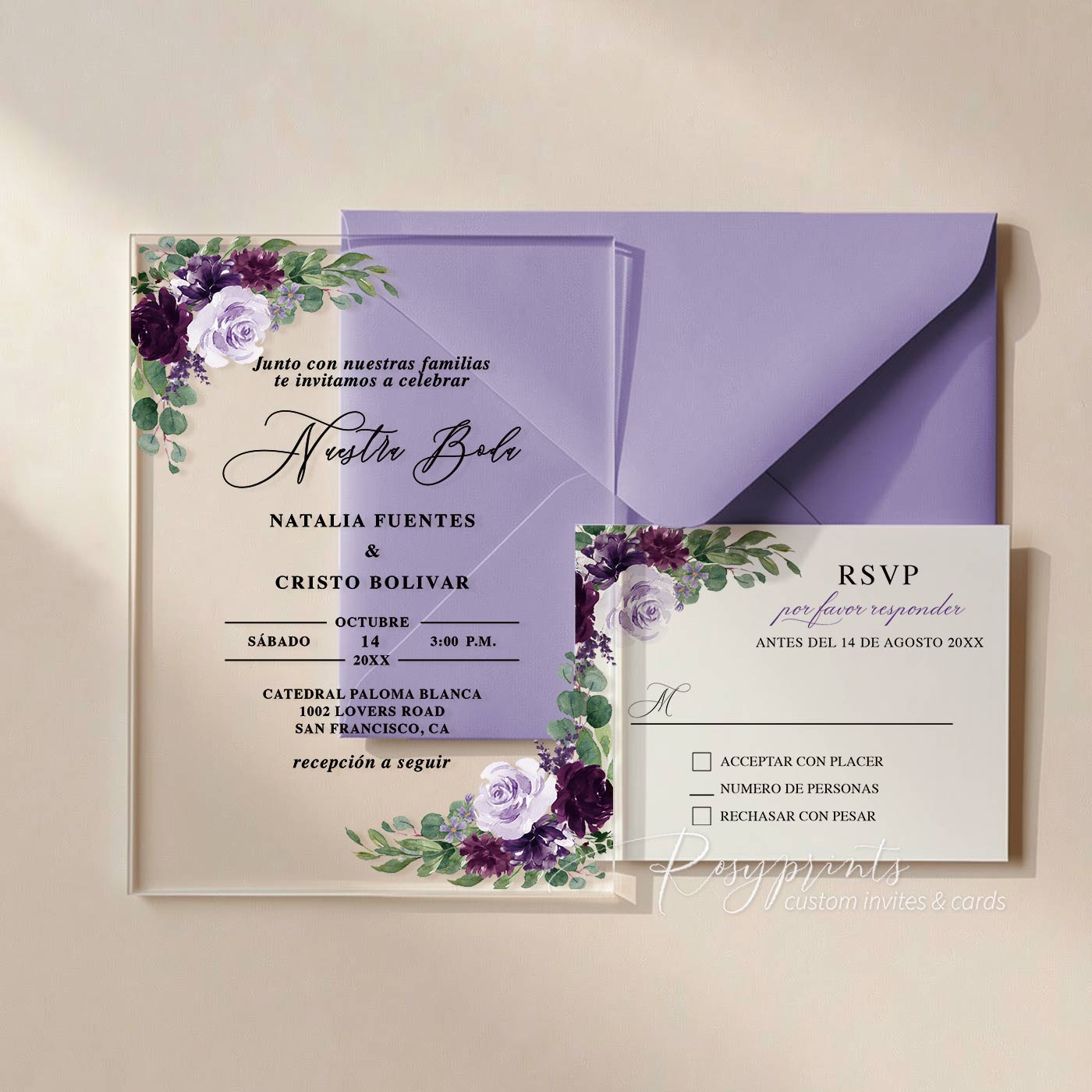 plum purple flowers acrylic wedding invitations