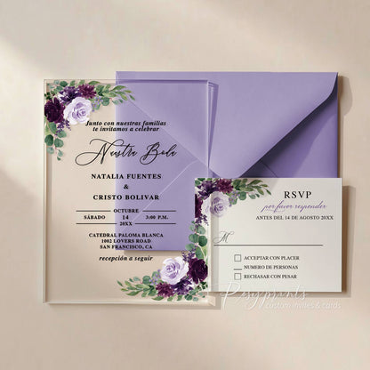 plum purple flowers acrylic wedding invitations