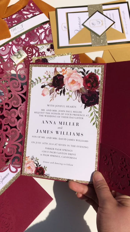burgundy pink gold rustic flower wedding invitations ROSYP33