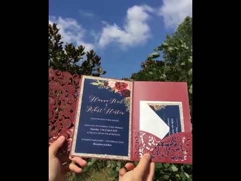 navy blue and burgundy pocket wedding invitations
