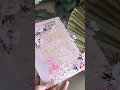 pink and gold butterfly acrylic quinceanera birthday invitations