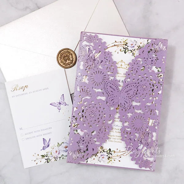 lilac purple and gold butterfly quinceanera invitations