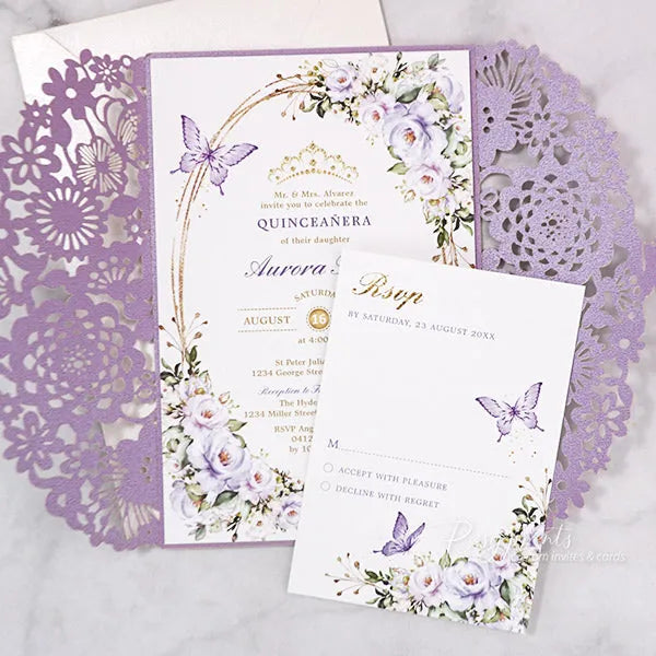 lilac purple and gold butterfly quinceanera invitations