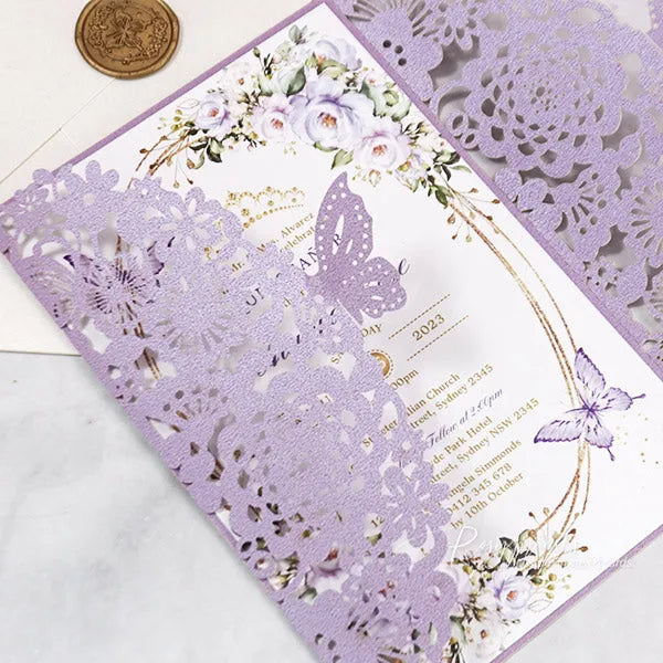 lilac purple and gold butterfly quinceanera invitations