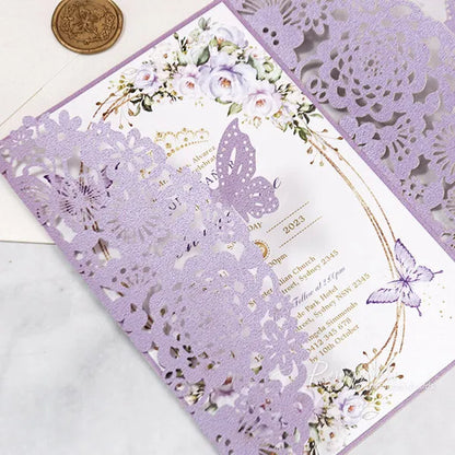 lilac purple and gold butterfly quinceanera invitations