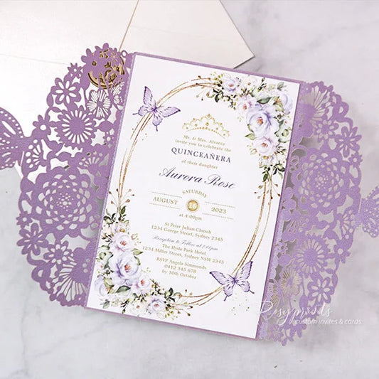 lilac purple and gold butterfly quinceanera invitations