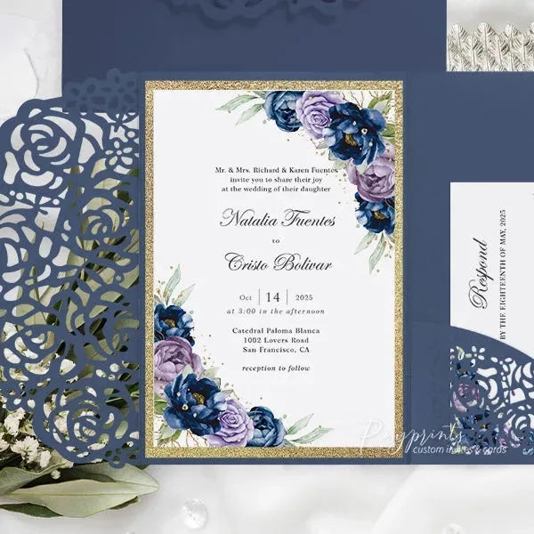 navy blue and purple wedding invitations with gold glitter ROSYP29 - Rosy Prints