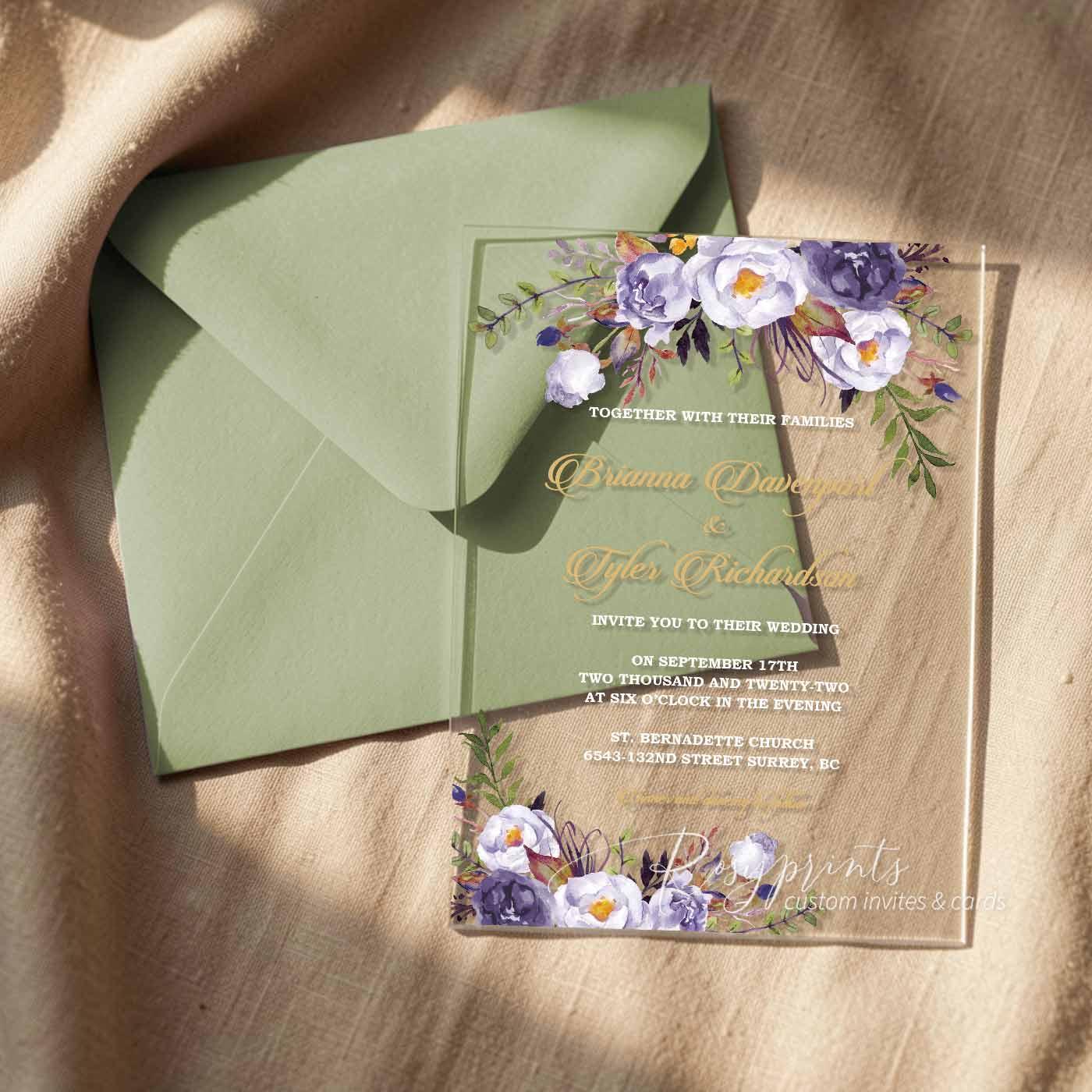 purple and gold flower acrylic wedding invitations