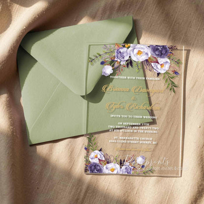 purple and gold flower acrylic wedding invitations