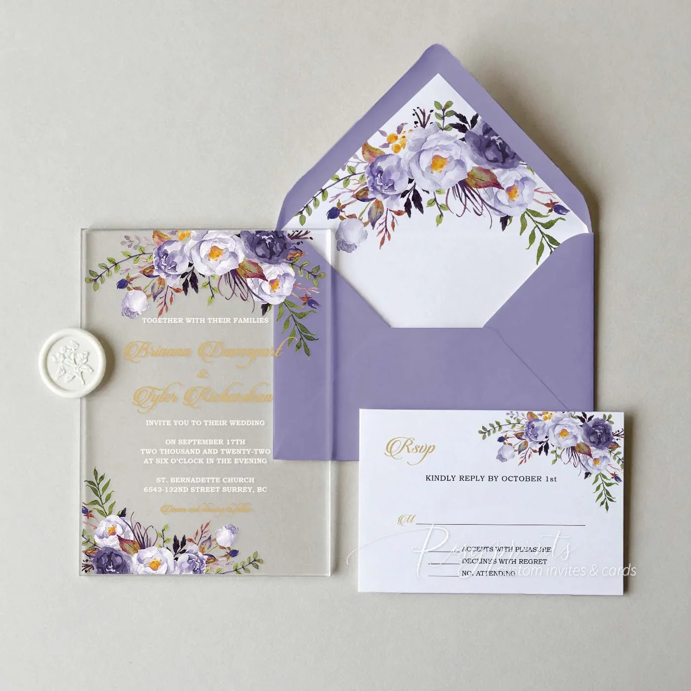 purple and gold flower acrylic wedding invitations 