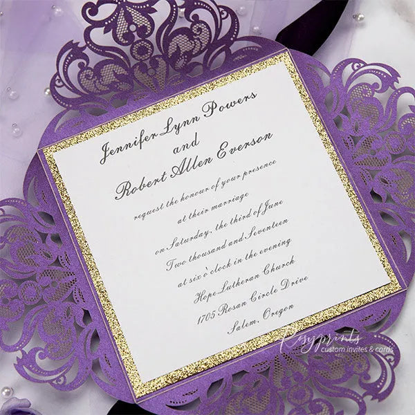 purple and gold glitter pocket wedding invitations ROSYP12 - Rosy Prints