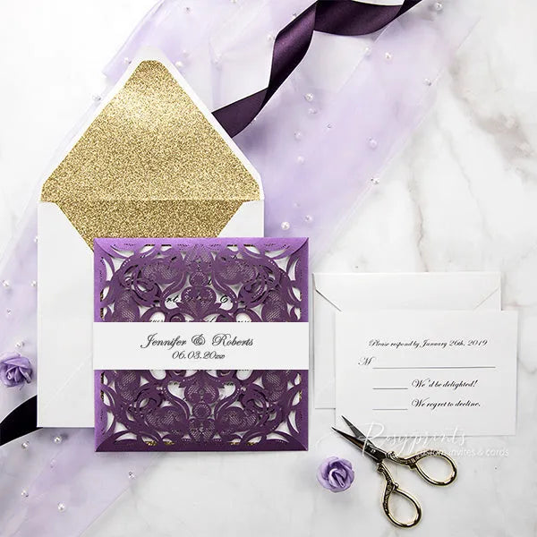 purple and gold glitter pocket wedding invitations ROSYP12 - Rosy Prints