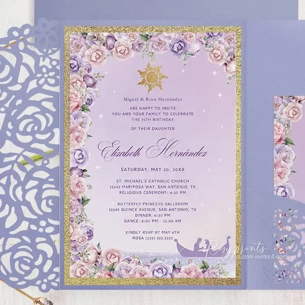 Rupenzel Invitations tangled rapunzel quinceanera invitations with purple and pink roses ...