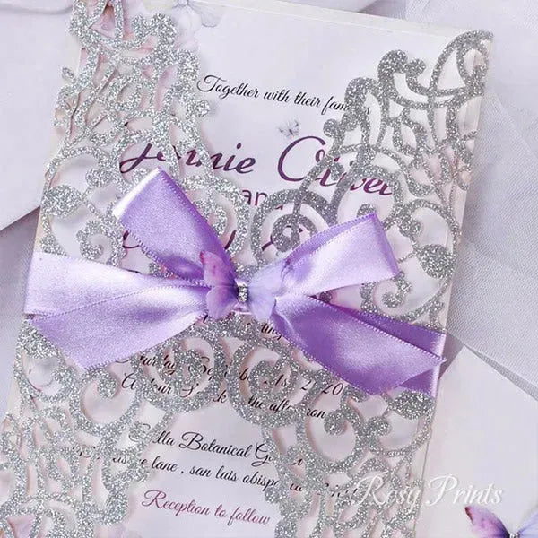 lilac purple and silver butterfly Quinceanera invitations ROSG10 - Rosy Prints