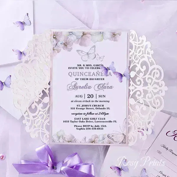 lilac purple and silver butterfly Quinceanera invitations ROSG10 - Rosy Prints