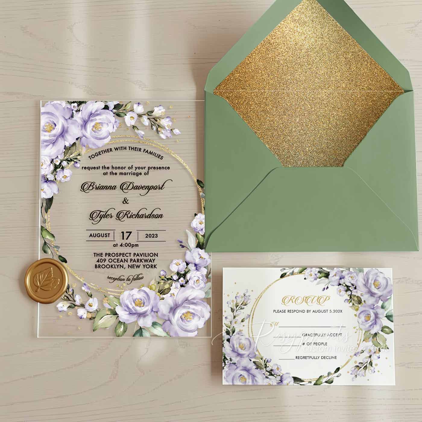 purple green and gold acrylic wedding invitations