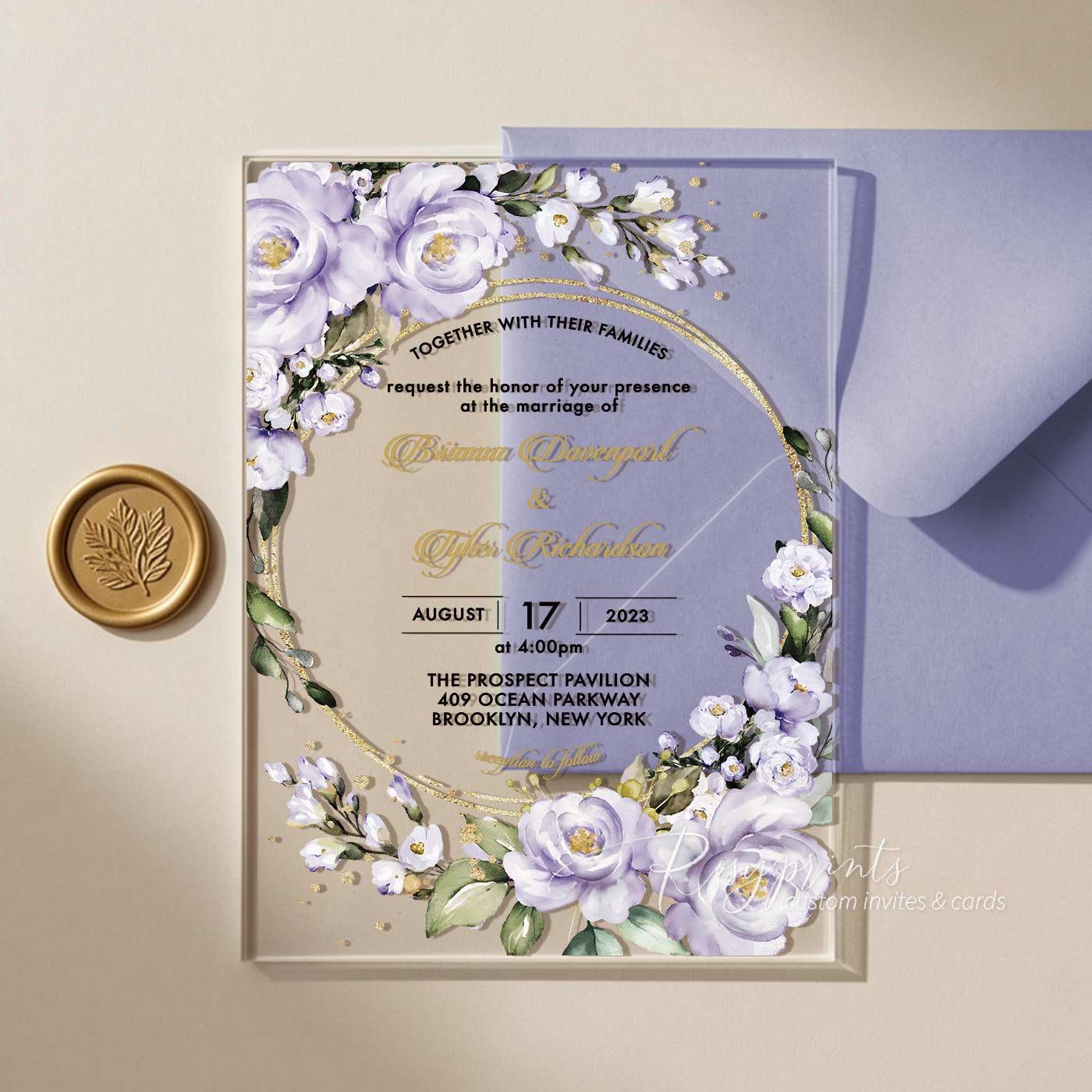 purple green and gold acrylic wedding invitations