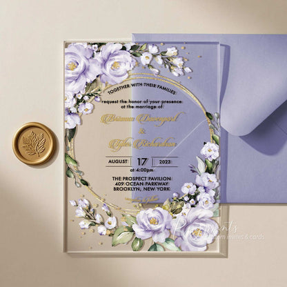 purple green and gold acrylic wedding invitations