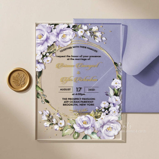 purple green and gold acrylic wedding invitations