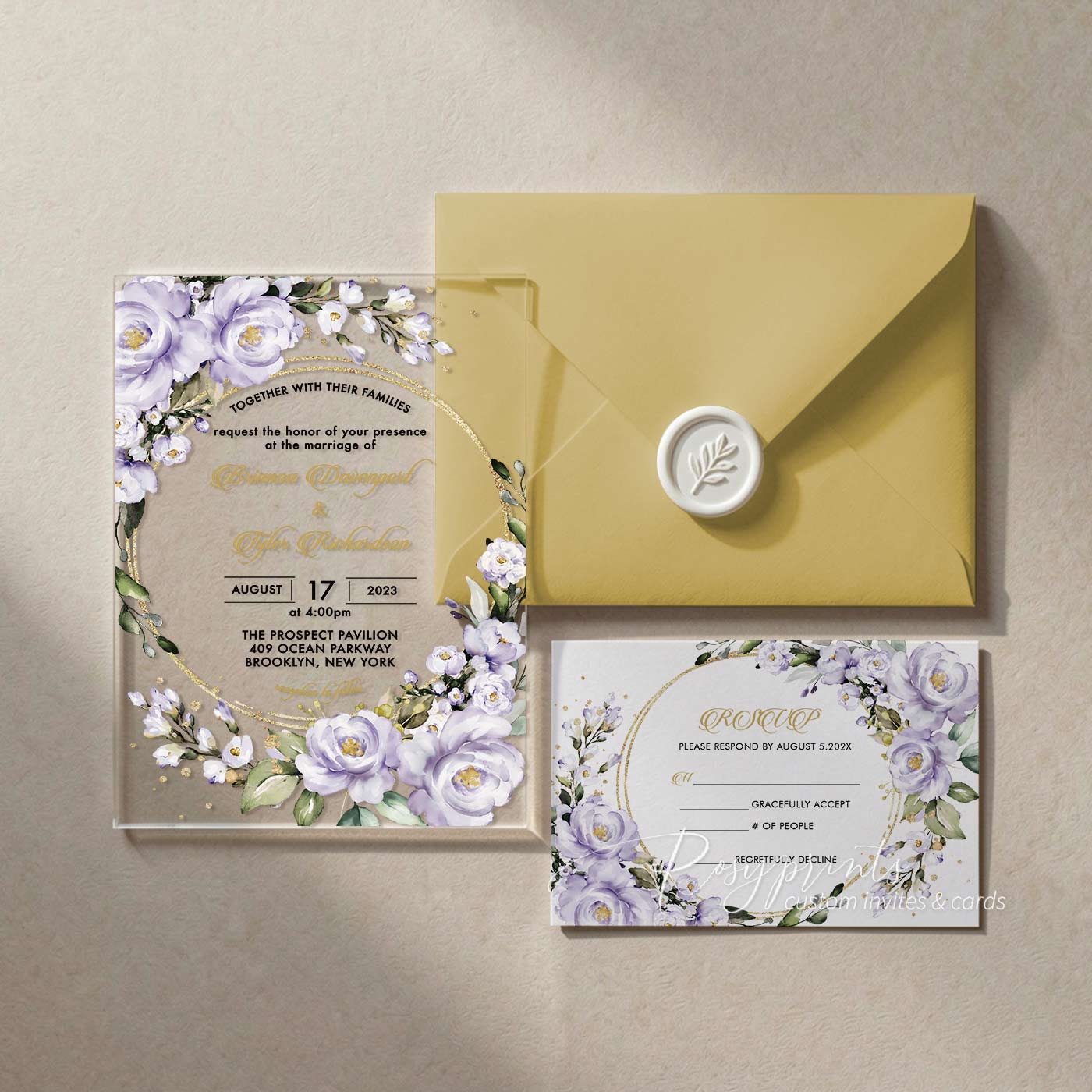purple green and gold acrylic wedding invitations