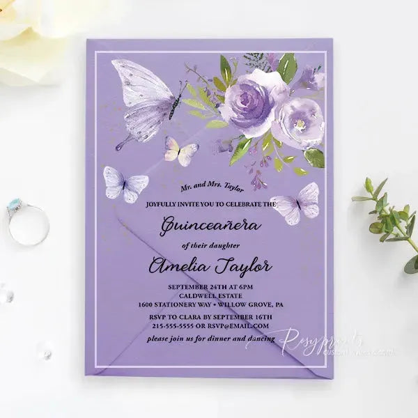 purple butterfly clear acrylic Quince invitations ROSYA56 - Rosy Prints